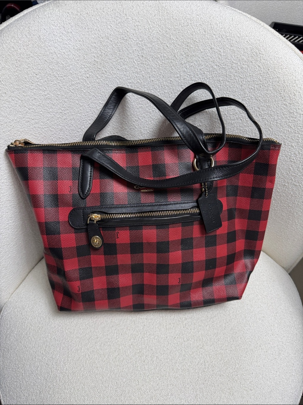 Coach Red and Black Buffalo Plaid Tote
